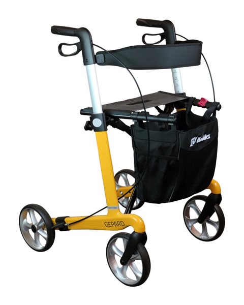Gepard Rollator, yellow Carbonfibre, seat height 62 cm, incl. back belt and cane